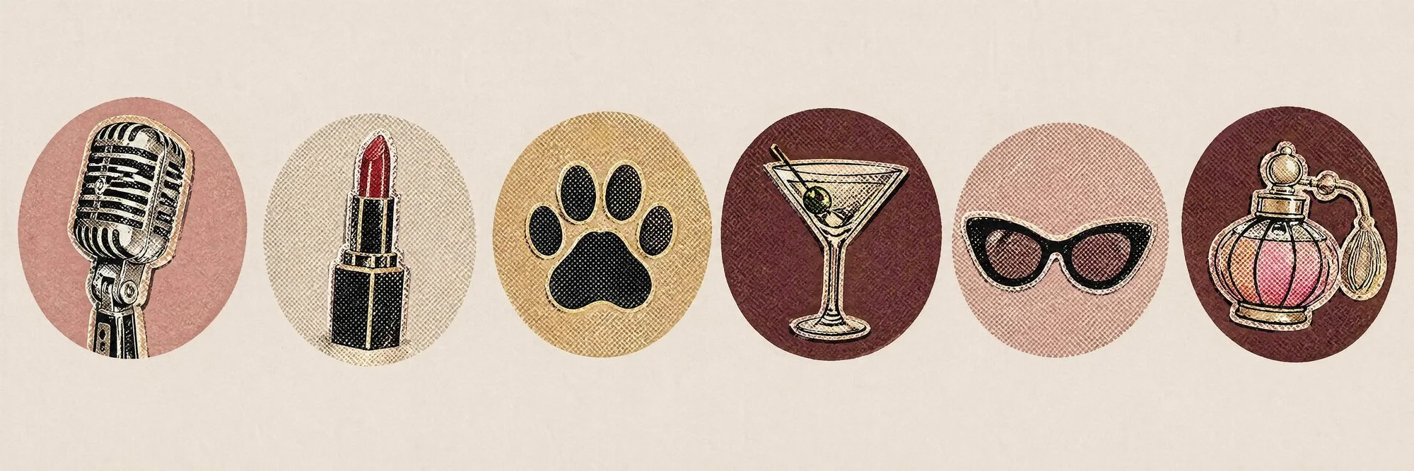 The icon set: microphone, lipstick, paw, martini, sunglasses, perfume