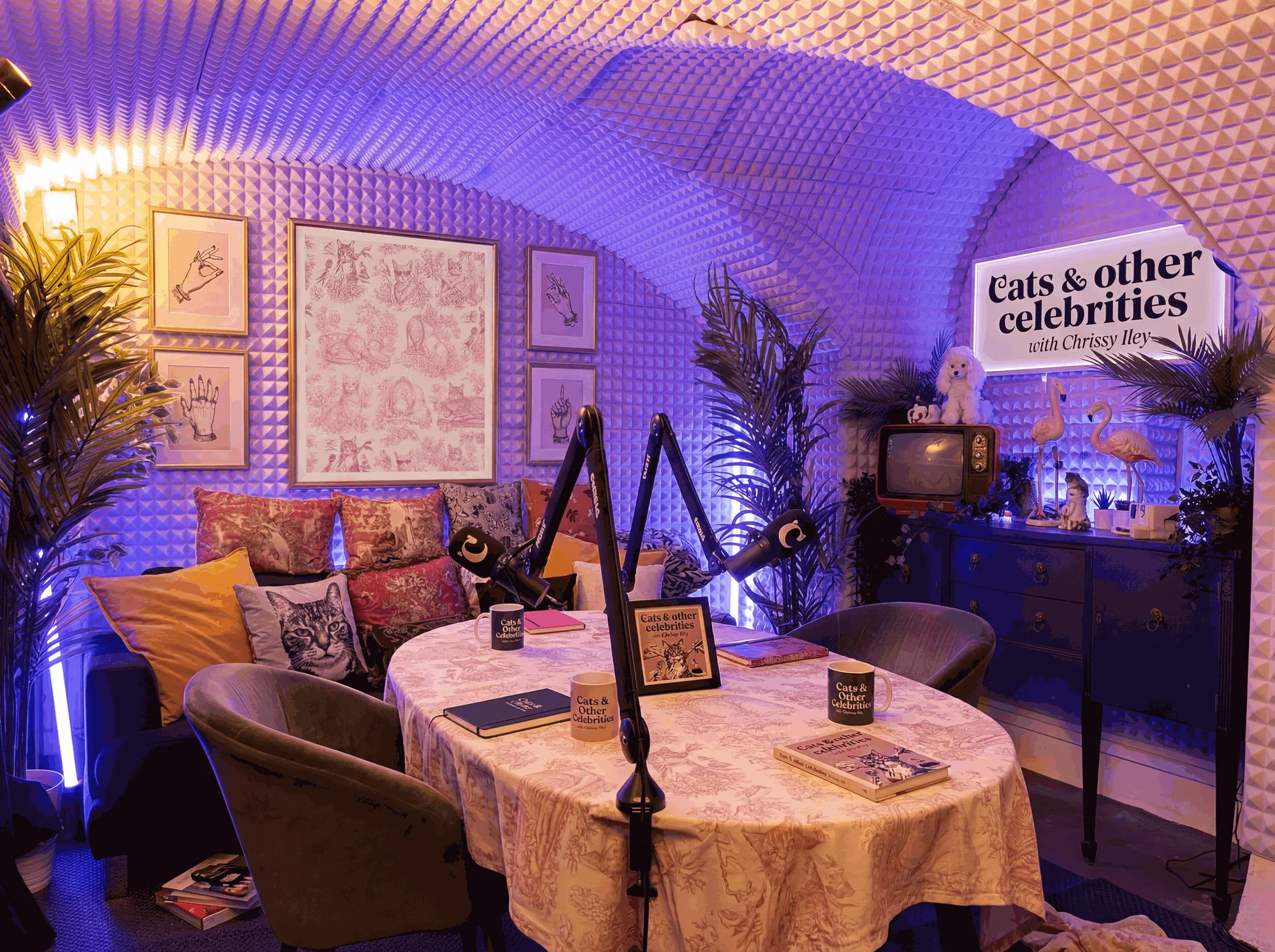 The studio set concept: toile, cat portraits, neon and the wordmark sign